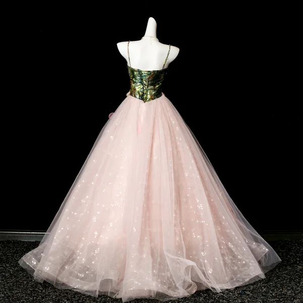 Edles Rosa Applikationen Pailletten Ballkleider 2025 Ballkleid Spaghettiträger Ärmellos Rückenfreies Lange Festliche Kleider