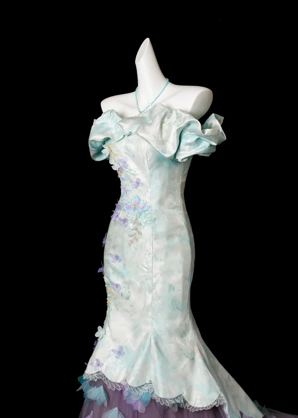 Charmant Sexy Vert Citron Perlage Paillettes En Dentelle Fleur Appliques Robe De Bal 2025 Trompette / Sirène De l'épaule Manches Courtes Dos Nu Train De Balayage