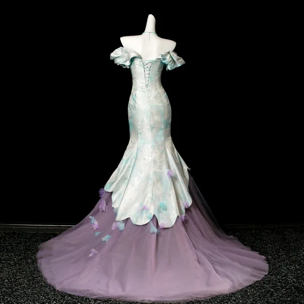 Charmant Sexy Vert Citron Perlage Paillettes En Dentelle Fleur Appliques Robe De Bal 2025 Trompette / Sirène De l'épaule Manches Courtes Dos Nu Train De Balayage
