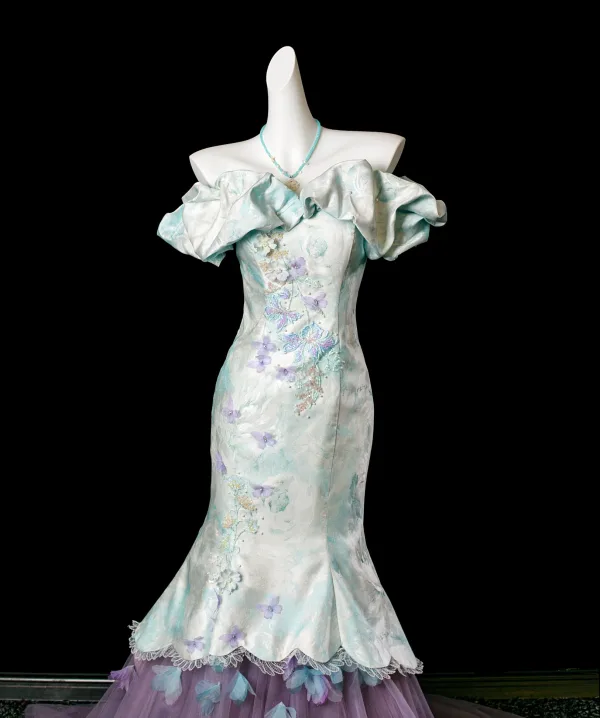 Charmant Sexy Vert Citron Perlage Paillettes En Dentelle Fleur Appliques Robe De Bal 2025 Trompette / Sirène De l'épaule Manches Courtes Dos Nu Train De Balayage