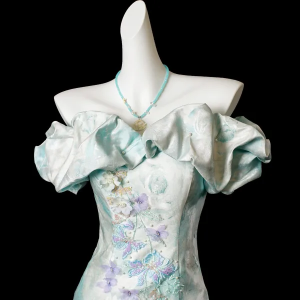 Charmant Sexy Vert Citron Perlage Paillettes En Dentelle Fleur Appliques Robe De Bal 2025 Trompette / Sirène De l'épaule Manches Courtes Dos Nu Train De Balayage