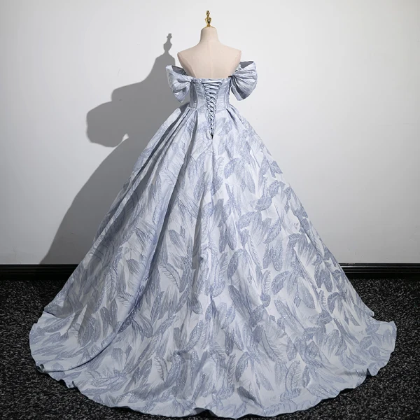 Fashion Sky Blue Prom Dresses 2023 Ball Gown Off-The-Shoulder Short Sleeve Backless Sweep Train Prom Formal Dresses