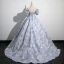 Fashion Sky Blue Prom Dresses 2023 Ball Gown Off-The-Shoulder Short Sleeve Backless Sweep Train Prom Formal Dresses