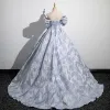 Fashion Sky Blue Prom Dresses 2023 Ball Gown Off-The-Shoulder Short Sleeve Backless Sweep Train Prom Formal Dresses