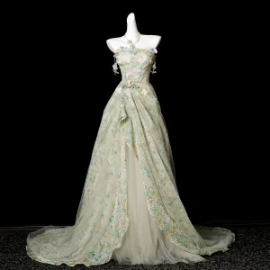 Fée Des Fleurs Multi Couleurs Appliques Paillettes Vert Cendré Robe De Bal 2025 Princesse Bustier Sans Manches Dos Nu Longue Robe De Ceremonie