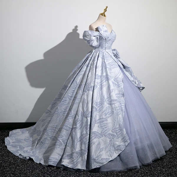 Fashion Sky Blue Prom Dresses 2023 Ball Gown Off-The-Shoulder Short Sleeve Backless Sweep Train Prom Formal Dresses