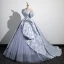 Fashion Sky Blue Prom Dresses 2023 Ball Gown Off-The-Shoulder Short Sleeve Backless Sweep Train Prom Formal Dresses