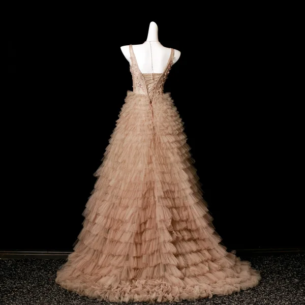 Charming Khaki Beading Sequins Cascading Ruffles Prom Dresses 2025 A-Line / Princess V-Neck Sleeveless Backless Sweep Train Formal Dresses
