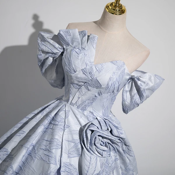 Fashion Sky Blue Prom Dresses 2023 Ball Gown Off-The-Shoulder Short Sleeve  Backless Sweep Train
