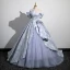 Fashion Sky Blue Prom Dresses 2023 Ball Gown Off-The-Shoulder Short Sleeve Backless Sweep Train Prom Formal Dresses