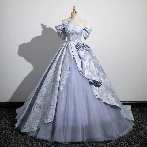 Moda Azul Cielo Vestidos de gala 2023 Ball Gown Fuera Del Hombro Manga Corta Sin Espalda Colas De Barrido Gala Vestidos Formales