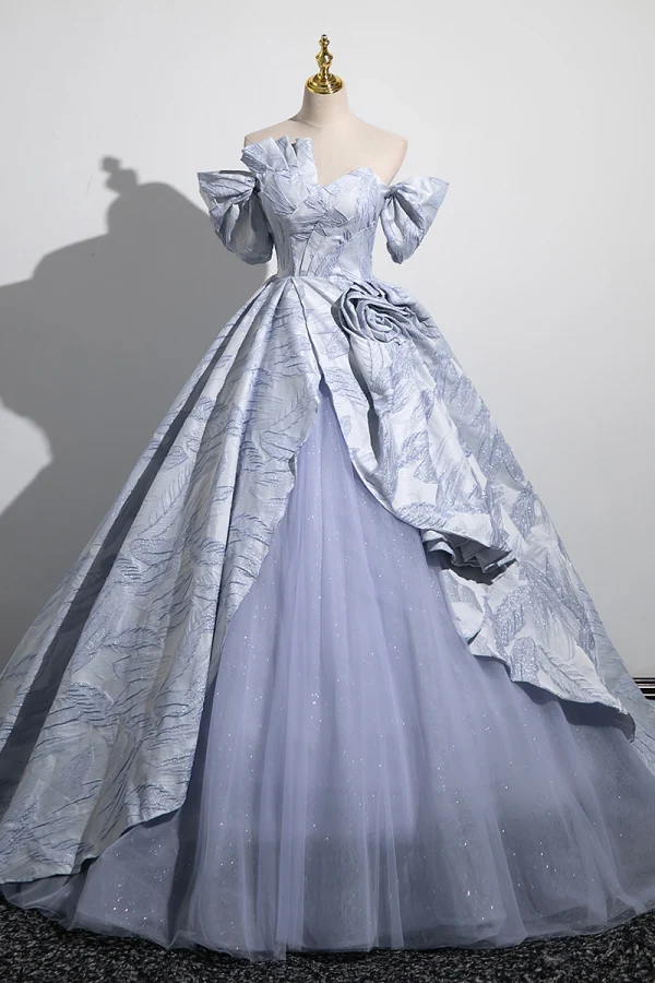 Fashion Sky Blue Prom Dresses 2023 Ball Gown Off-The-Shoulder Short Sleeve Backless Sweep Train Prom Formal Dresses