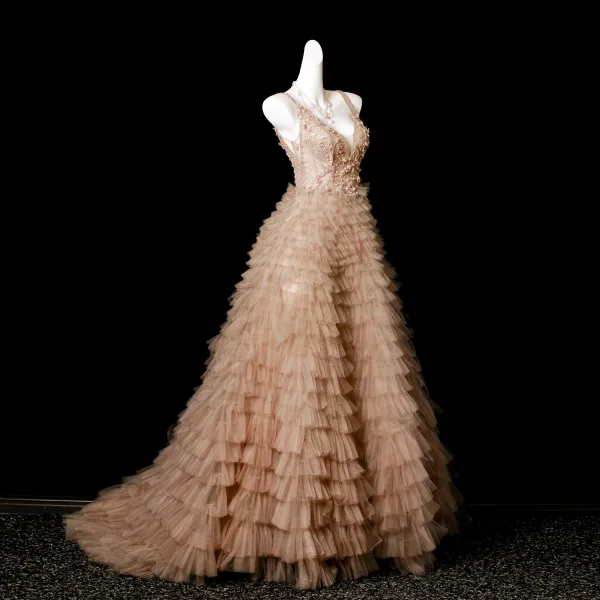 Charming Khaki Beading Sequins Cascading Ruffles Prom Dresses 2025 A-Line / Princess V-Neck Sleeveless Backless Sweep Train Formal Dresses