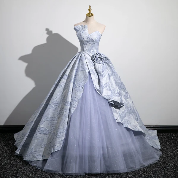 Fashion Sky Blue Prom Dresses 2023 Ball Gown Off-The-Shoulder Short Sleeve Backless Sweep Train Prom Formal Dresses