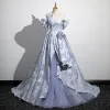 Fashion Sky Blue Prom Dresses 2023 Ball Gown Off-The-Shoulder Short Sleeve Backless Sweep Train Prom Formal Dresses