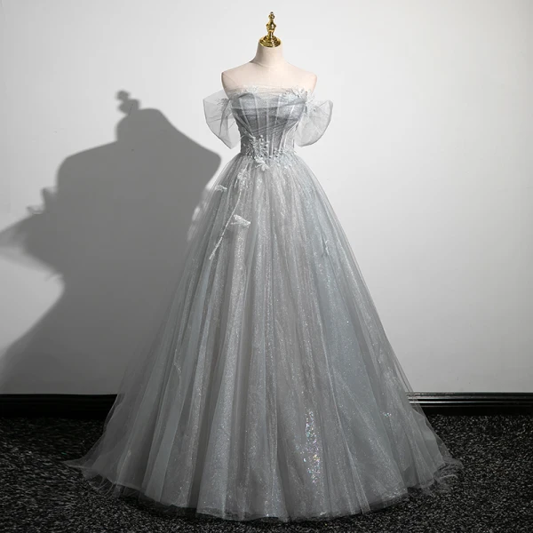 Charmant Gris Perlage Paillettes En Dentelle Fleur Robe De Bal 2023 Robe Boule De l'épaule Manches Courtes Dos Nu Longue Promo Robe De Ceremonie