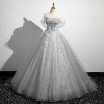Charming Grey Beading Sequins Lace Flower Prom Dresses 2023 Ball Gown Off The Shoulder Short Sleeve Backless Floor Length Long Prom Formal Dresses