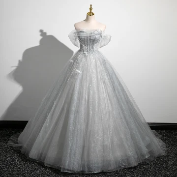 Charmant Gris Perlage Paillettes En Dentelle Fleur Robe De Bal 2023 Robe Boule De L Épaule Manches Courtes Dos Nu Longue Promo Robe De Ceremonie