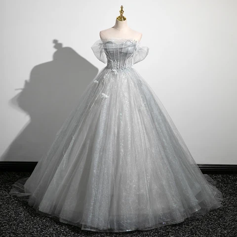 Encantador Gris Rebordear Lentejuelas Con Encaje Flor Vestidos de gala 2023 Ball Gown Fuera Del Hombro Manga Corta Sin Espalda Largos Gala Vestidos Formales