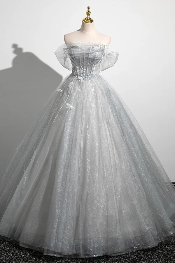 Charmant Gris Perlage Paillettes En Dentelle Fleur Robe De Bal 2023 Robe Boule De l'épaule Manches Courtes Dos Nu Longue Promo Robe De Ceremonie
