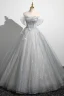 Charmant Gris Perlage Paillettes En Dentelle Fleur Robe De Bal 2023 Robe Boule De l'épaule Manches Courtes Dos Nu Longue Promo Robe De Ceremonie