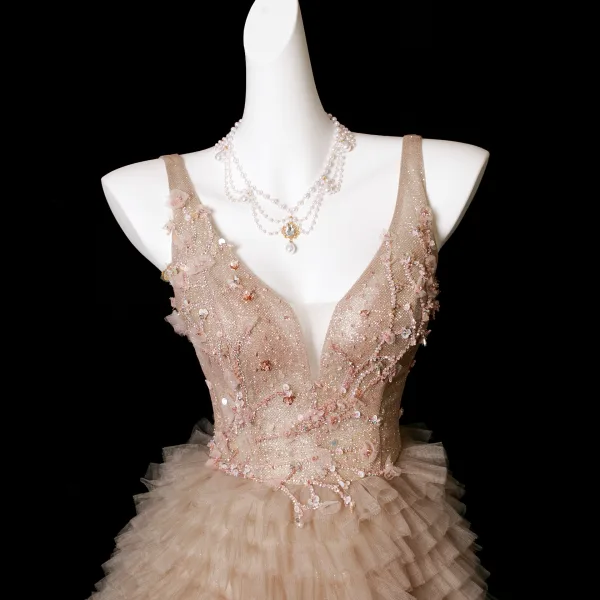 Charming Khaki Beading Sequins Cascading Ruffles Prom Dresses 2025 A-Line / Princess V-Neck Sleeveless Backless Sweep Train Formal Dresses