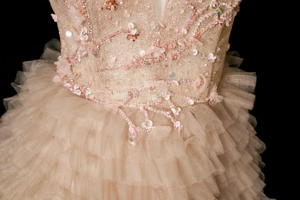 Charming Khaki Beading Sequins Cascading Ruffles Prom Dresses 2025 A-Line / Princess V-Neck Sleeveless Backless Sweep Train Formal Dresses