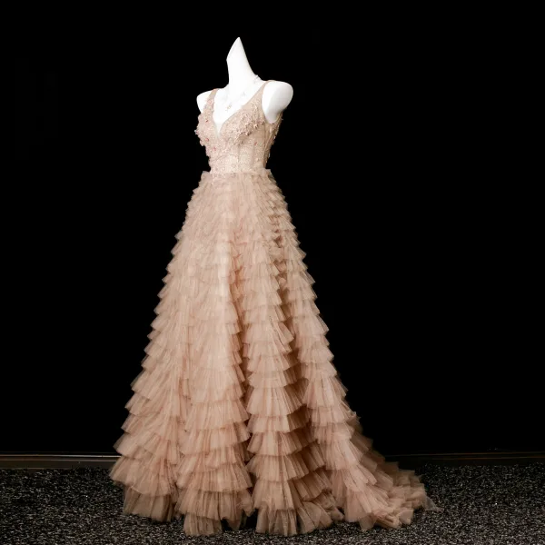 Charming Khaki Beading Sequins Cascading Ruffles Prom Dresses 2025 A-Line / Princess V-Neck Sleeveless Backless Sweep Train Formal Dresses