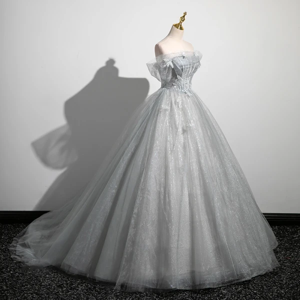 Charmant Gris Perlage Paillettes En Dentelle Fleur Robe De Bal 2023 Robe Boule De l'épaule Manches Courtes Dos Nu Longue Promo Robe De Ceremonie