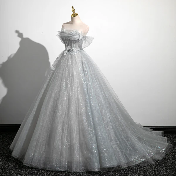 Charmant Gris Perlage Paillettes En Dentelle Fleur Robe De Bal 2023 Robe Boule De l'épaule Manches Courtes Dos Nu Longue Promo Robe De Ceremonie