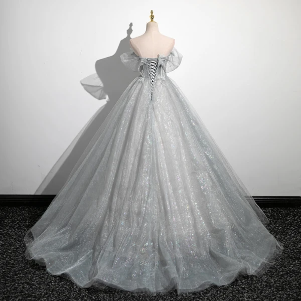 Charmant Gris Perlage Paillettes En Dentelle Fleur Robe De Bal 2023 Robe Boule De l'épaule Manches Courtes Dos Nu Longue Promo Robe De Ceremonie
