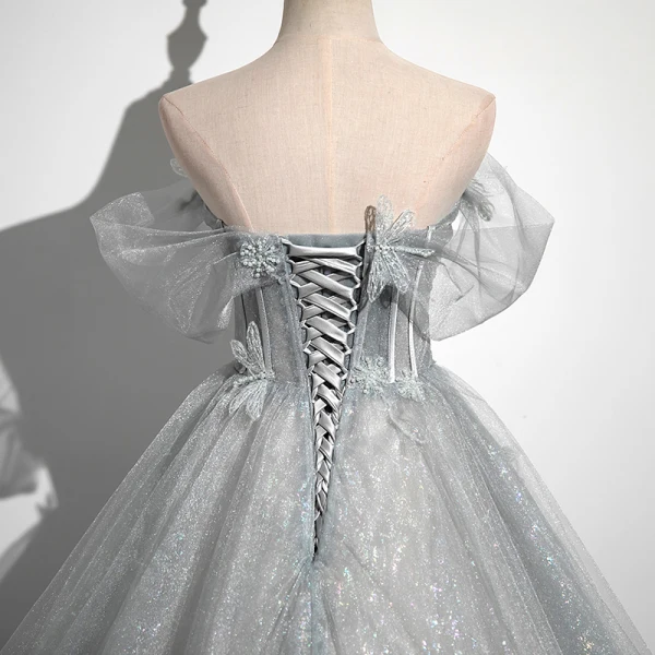 Charmant Gris Perlage Paillettes En Dentelle Fleur Robe De Bal 2023 Robe Boule De l'épaule Manches Courtes Dos Nu Longue Promo Robe De Ceremonie