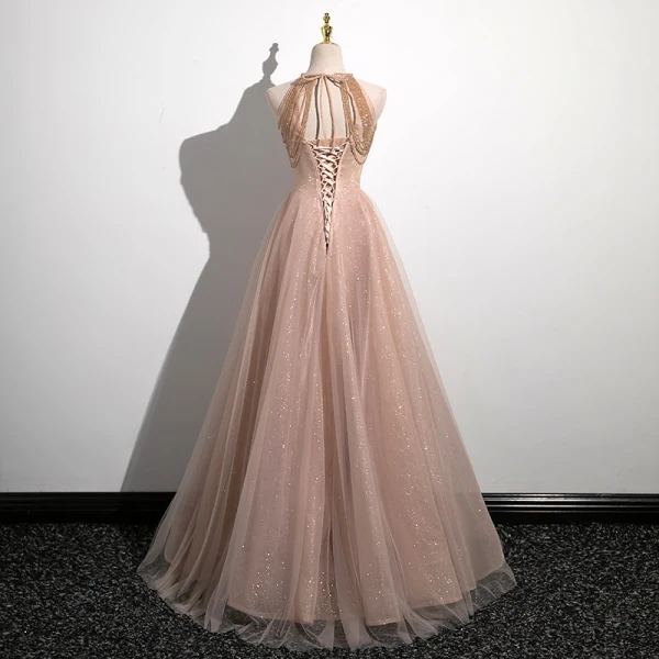 Chic / Beautiful Gold Beading Tassel Lace Flower Prom Dresses 2023 A-Line / Princess Halter Sleeveless Backless Floor-Length / Long Prom Formal Dresses