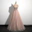Chic / Beautiful Gold Beading Tassel Lace Flower Prom Dresses 2023 A-Line / Princess Halter Sleeveless Backless Floor-Length / Long Prom Formal Dresses