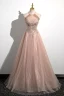 Chic / Beautiful Gold Beading Tassel Lace Flower Prom Dresses 2023 A-Line / Princess Halter Sleeveless Backless Floor-Length / Long Prom Formal Dresses