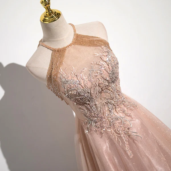 Chic / Beautiful Gold Beading Tassel Lace Flower Prom Dresses 2023 A-Line / Princess Halter Sleeveless Backless Floor-Length / Long Prom Formal Dresses