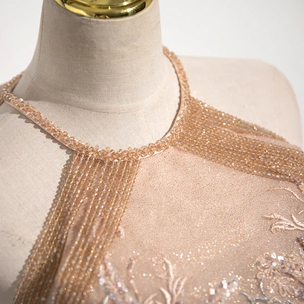 Chic / Beautiful Gold Beading Tassel Lace Flower Prom Dresses 2023 A-Line / Princess Halter Sleeveless Backless Floor-Length / Long Prom Formal Dresses