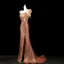 Bling Bling Sexy Khaki Perlenstickerei Perle Pailletten Gespaltete Front Abendkleider 2025 Meerjungfrau Eckiger Ausschnitt Geschwollenes Kurze Ärmel Rückenfreies Sweep / Pinsel Zug