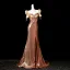 Bling Bling Sexy Khaki Perlenstickerei Perle Pailletten Gespaltete Front Abendkleider 2025 Meerjungfrau Eckiger Ausschnitt Geschwollenes Kurze Ärmel Rückenfreies Sweep / Pinsel Zug