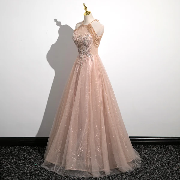 Chic / Beautiful Gold Beading Tassel Lace Flower Prom Dresses 2023 A-Line / Princess Halter Sleeveless Backless Floor-Length / Long Prom Formal Dresses
