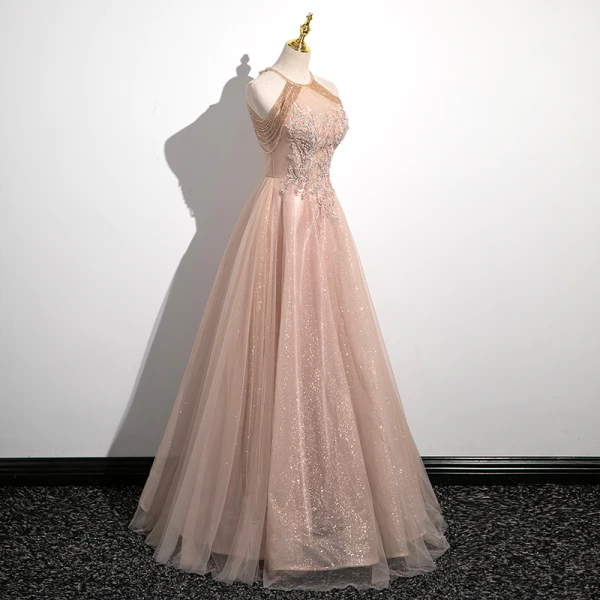 Chic / Beautiful Gold Beading Tassel Lace Flower Prom Dresses 2023 A-Line / Princess Halter Sleeveless Backless Floor-Length / Long Prom Formal Dresses