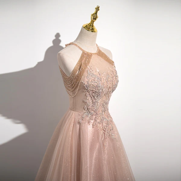 Chic / Beautiful Gold Beading Tassel Lace Flower Prom Dresses 2023 A-Line / Princess Halter Sleeveless Backless Floor-Length / Long Prom Formal Dresses