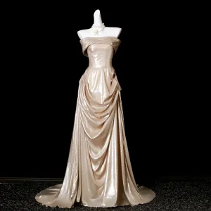 Charming Champagne Split Front Prom Dresses 2025 Trumpet Mermaid Strapless Sleeveless Backless Sweep Train Formal Dresses