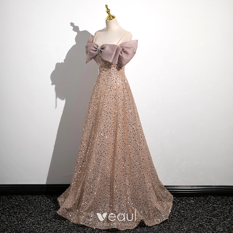 Charming Gold Beading Rhinestone Prom Dresses 2023 A-Line / Princess  Spaghetti Straps Bow Short Sleeve Backless Floor-Length / Long Prom Formal  Dresses