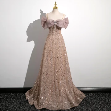 Charming Gold Beading Rhinestone Prom Dresses 2023 A Line Princess Spaghetti Straps Bow Short Sleeve Backless Floor Length Long Prom Formal Dresses