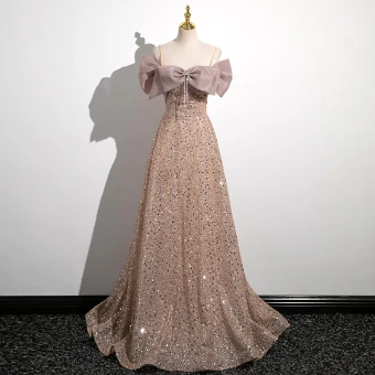 Uroczy Złote Frezowanie Rhinestone Sukienki Na Bal 2023 Princessa Spaghetti Pasy Kokarda Kótkie Rękawy Bez Pleców Długie Bal Sukienki Wizytowe