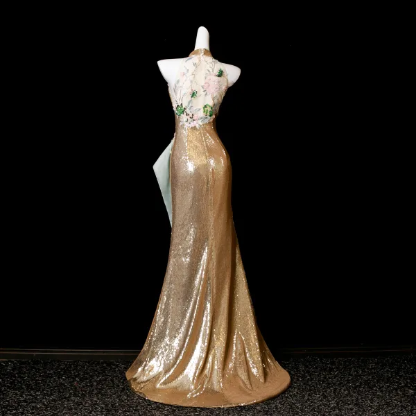Sparkly Sexy Gold Beading Sequins Lace Flower Split Front Evening Dresses 2025 Trumpet / Mermaid High Neck Sleeveless Sweep Train Formal Dresses