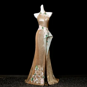 Scintillantes Sexy Doré Perlage Paillettes En Dentelle Fleur Fendue Devant Robe De Soirée 2025 Trompette Sirène Col Haut Sans Manches Train De Balayage Robe De Ceremonie