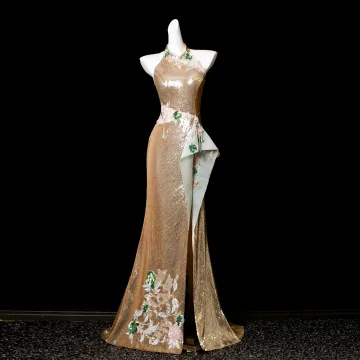 Sparkly Sexy Gold Beading Sequins Lace Flower Split Front Evening Dresses 2025 Trumpet Mermaid High Neck Sleeveless Sweep Train Formal Dresses