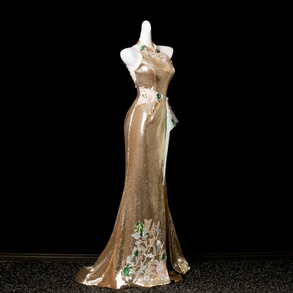 Sparkly Sexy Gold Beading Sequins Lace Flower Split Front Evening Dresses 2025 Trumpet / Mermaid High Neck Sleeveless Sweep Train Formal Dresses